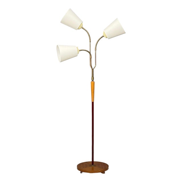 Swedish Modern, Adjustable Floor Lamp, Wood, Brass, Red Lacquer, Sweden, 1940s For Sale
