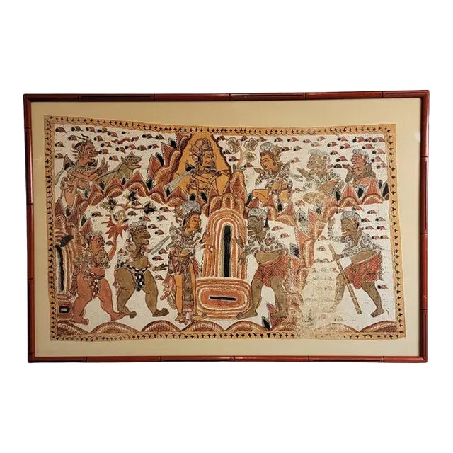 Balinese Kamasan Cloth Painting of the Mahabharata, Framed Vintage Textile Art For Sale