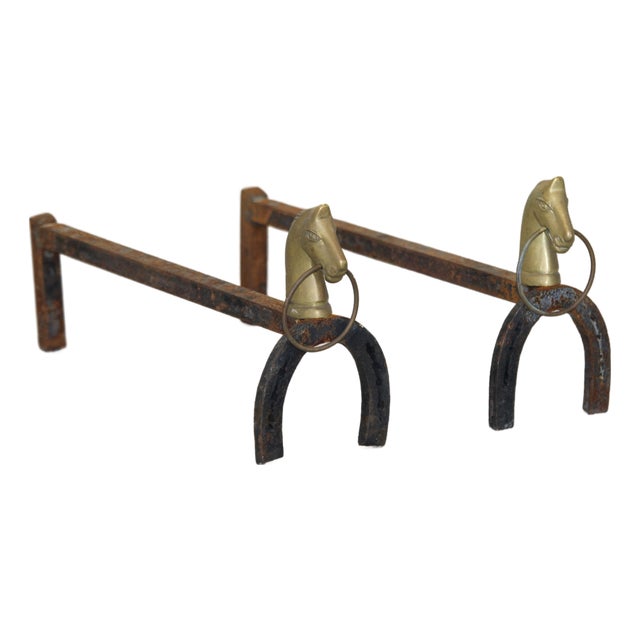 Gold Horse Decor Fireplace Andirons, 1950s, Set of 2 For Sale