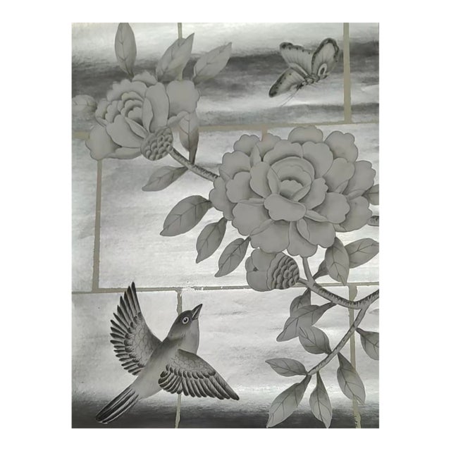 Sample for Chinoiserie Hand Painted Wallpapers on Silver Gilded Paper With Gap For Sale