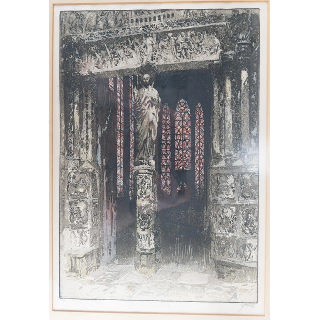 We are selling this etching with aquatint of the inside of a cathedral signed lower right F Wolf. We attribute the...