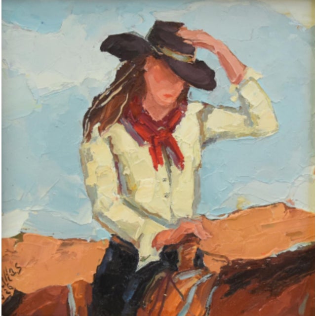 Impressionist oil painting on an artist's hardboard panel of a western cowgirl with a hat displayed in a complementary...
