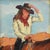 Impressionist oil painting on an artist's hardboard panel of a western cowgirl with a hat displayed in a complementary...