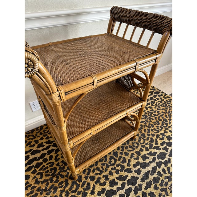 Wood Vintage British Colonial Rattan, Wicker & Cane Etagere Shelf With Leather Bindings For Sale - Image 7 of 17
