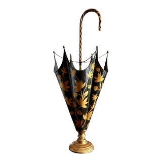Vintage Italian Toleware Umbrella Stand-Black-Gold-Floral-Metal-Holder-Cane For Sale