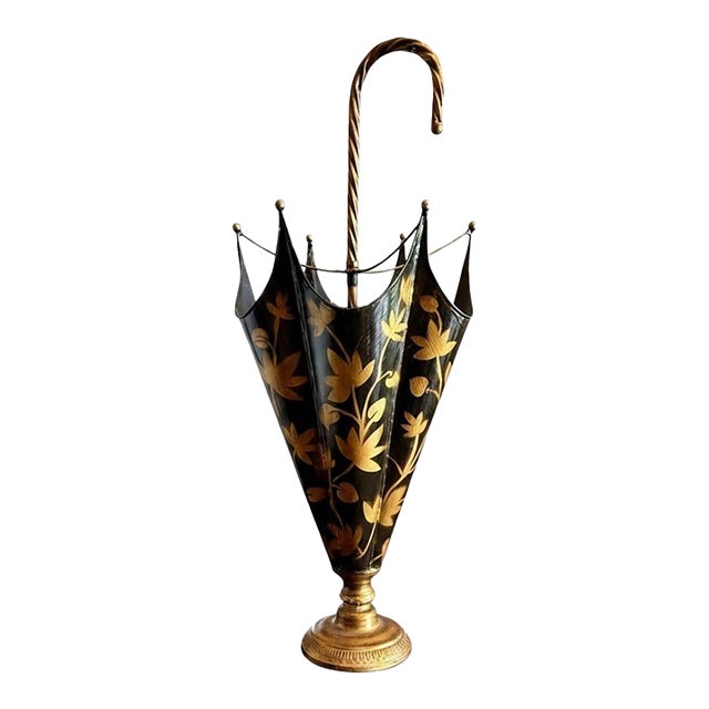 Vintage Italian Toleware Umbrella Stand-Black-Gold-Floral-Metal-Holder-Cane For Sale