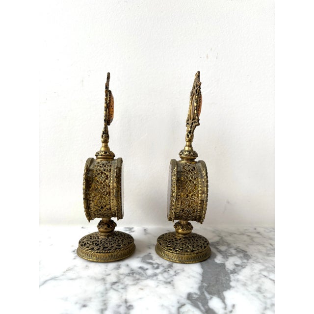 Art Deco Hollywood Regency Amber Glass & Brass Perfume Bottles For Sale - Image 3 of 5