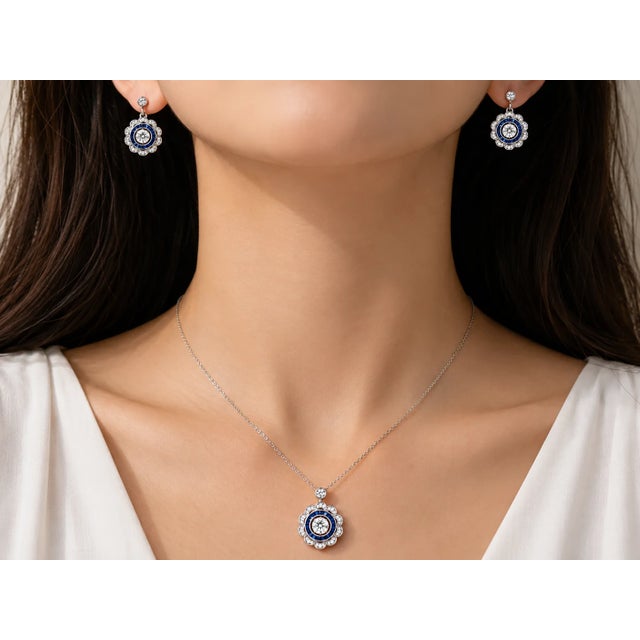 Art Deco Late 19th Century 18K White Gold Diamond Sapphire Pendant Necklace Earrings Set, 3 Pieces For Sale - Image 3 of 3