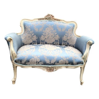 20c French Artisan Louis XVI Cream Blue Beech Settee For Sale