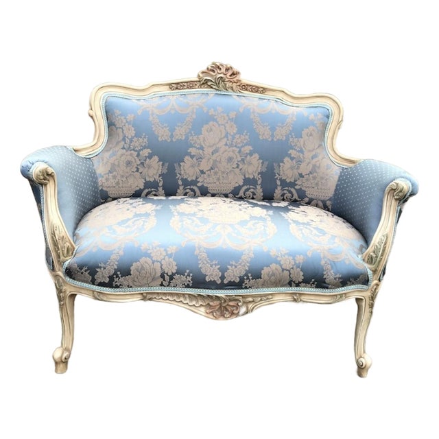 20c French Artisan Louis XVI Cream Blue Beech Settee For Sale