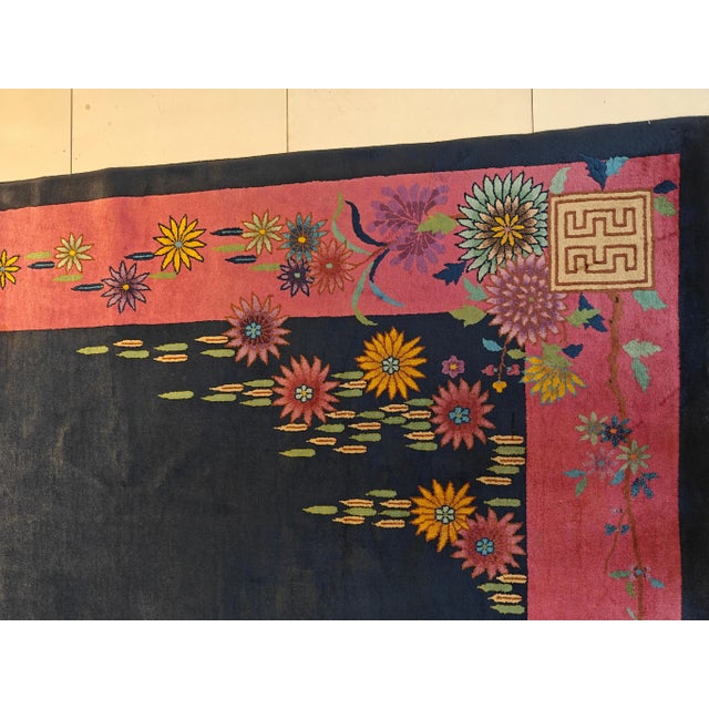 1920s Blue Navy Open Field Floral Antique Chinese Art Deco Carpet 9' X 11'8" Knotted Wool Rug For Sale - Image 4 of 10