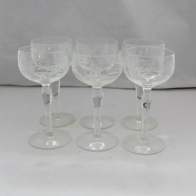 Vintage set of six etched small wine or liquor glasses , one of the glasses imperfect, no makers mark.