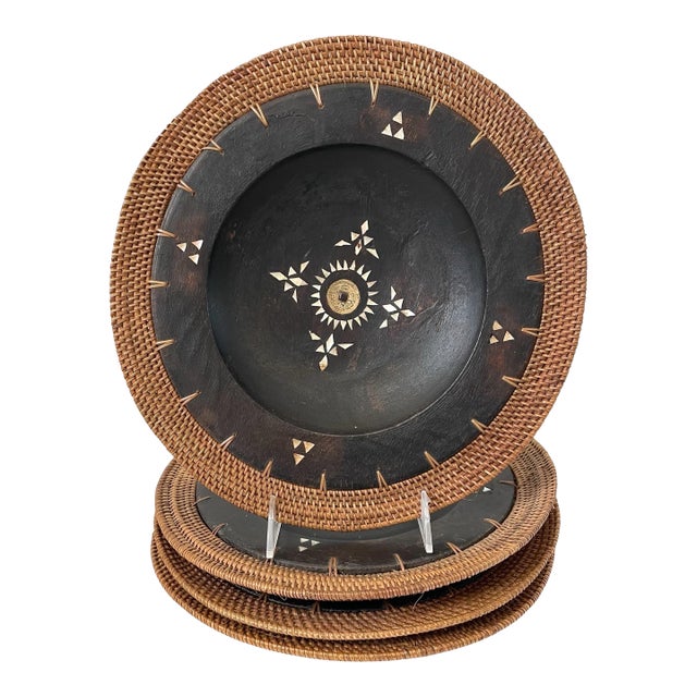 Vintage Hand-Made Shell & Coin Inlay in Wood Woven Rattan Edge Chargers. Set of 4 For Sale