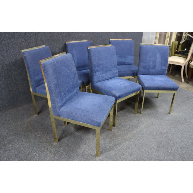 Set of six blue mid century side chairs with brass frames