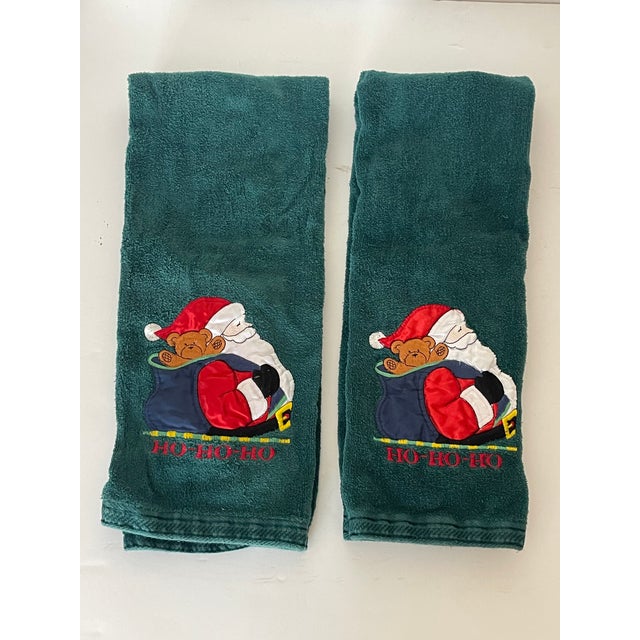 Shabby Chic Pair Christmas Holidays Bath Terry Towels With Santa’s Appliqués For Sale - Image 3 of 5