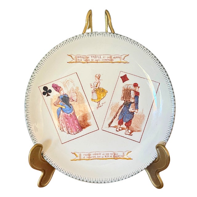 Ceramic 19th Century Set of 6 French Majolica Choisy-Le-Roi Plates, Humour Playing Cards For Sale - Image 7 of 8