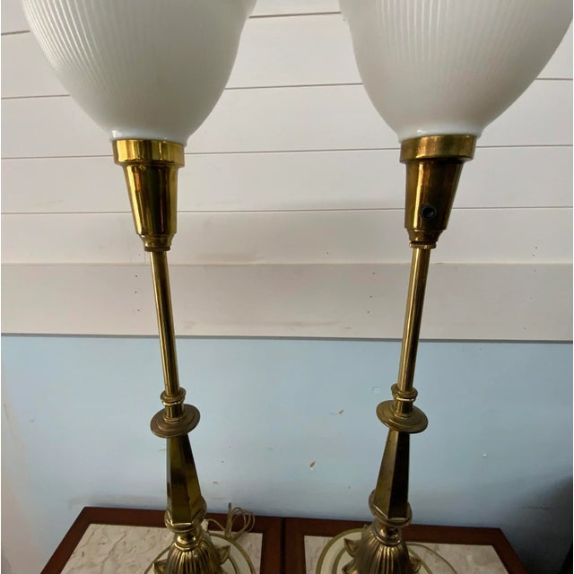 Metal 1960s Stiffel Style Brass and Enamel Torchiere Table Lamps - a Pair For Sale - Image 7 of 10