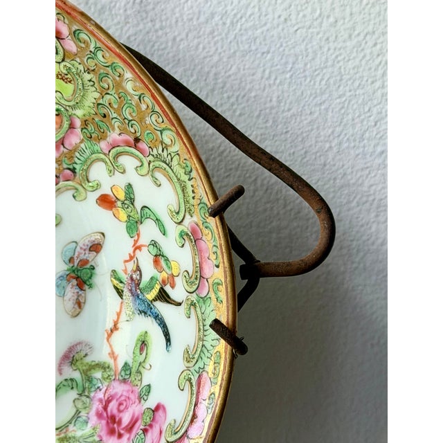 Metal Antique Chinese Famille Rose Porcelain Bowl in Wrought Iron Wall Mount For Sale - Image 7 of 9