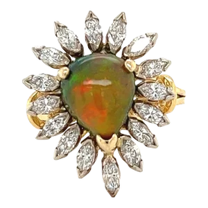 Natural Pear Shape Opal and Marquise Cut Diamond Halo Ring, Size 8