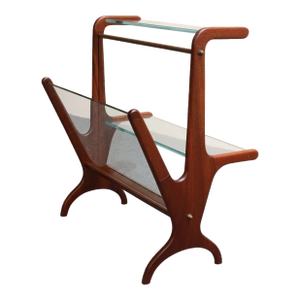 Vintage Italian Modern Sculptural Walnut, Brass and Glass Magazine Rack / Stand