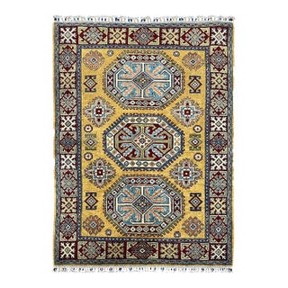 Gold Kazak Wool Rug With Three Medallions, 3'6" X 4'9" For Sale