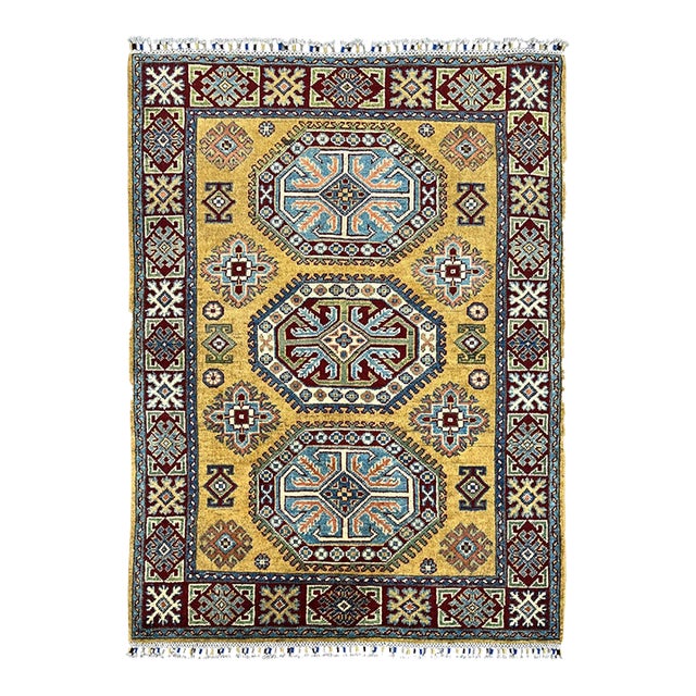 Gold Kazak Wool Rug With Three Medallions, 3'6" X 4'9" For Sale