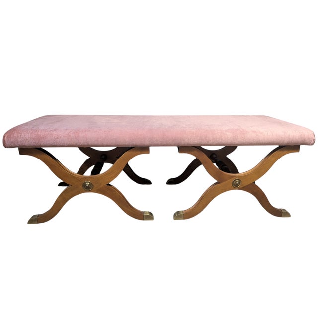 Vintage Dorothy Draper Espana Pink Velvet Bench With Curule Legs For Sale - Image 12 of 15