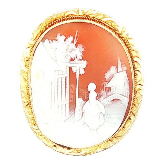 Vintage 10k Yellow Gold Village Scene Shell Cameo Brooch For Sale