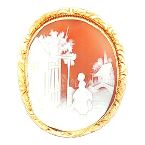 Vintage 10k Yellow Gold Village Scene Shell Cameo Brooch