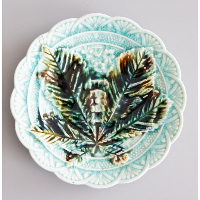 Turquoise 19th Century Swedish Rörstrand Majolica Turquoise Chestnut Leaf Plate For Sale - Image 8 of 8