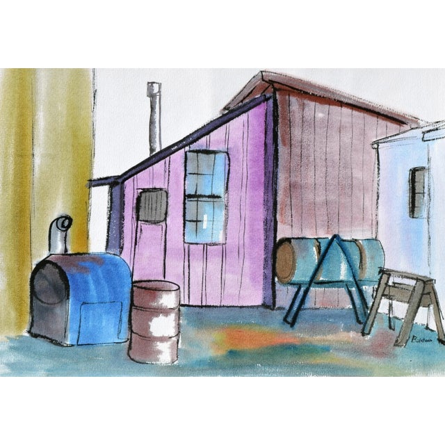 A colorful vintage industrial outdoor scene in watercolor by artist Diane Baldwin (American, 20th century). Signed...