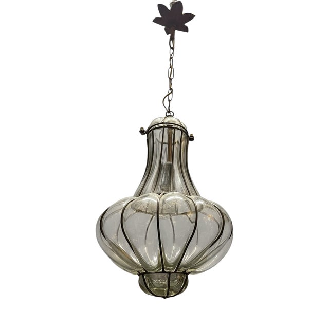 Wrought Iron Murano Glass Light Pendant 1950s For Sale