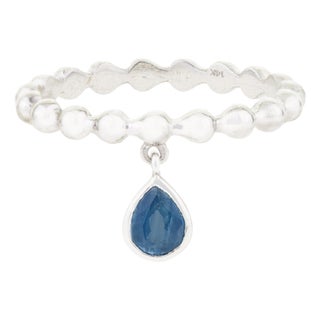 Boho Beaded Blue Sapphire Teardrop Charm Band Ring Size 4 in 14k White Gold For Sale