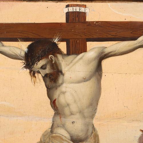 Christ Crucified with Saints, Oil on Hardboard, 1500s For Sale - Image 4 of 12