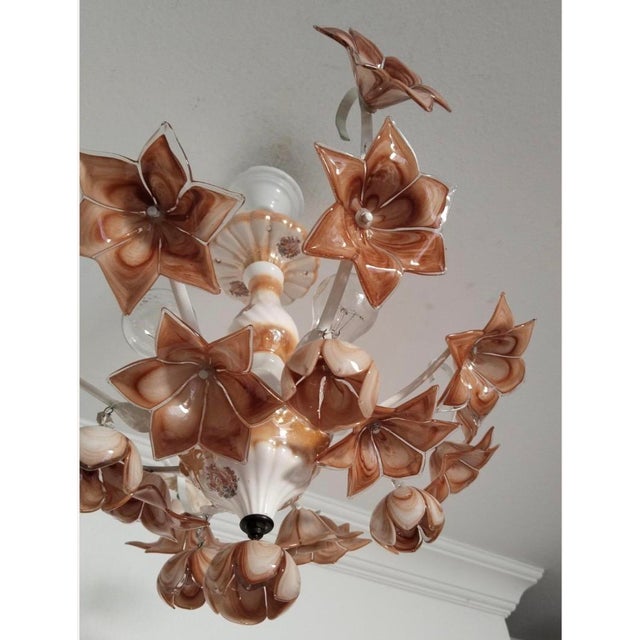 Vintage Italian Porcelain & Amber Brown Murano Glass Flower Chandelier For Sale - Image 10 of 10