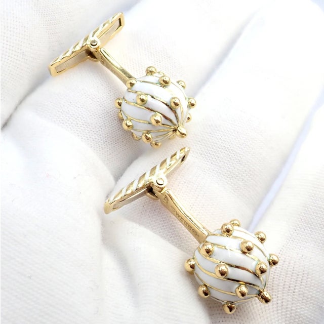 Late 20th Century Vintage! David Webb Yellow Gold White Enamel Ball Spike Cufflinks, Pair For Sale - Image 5 of 9