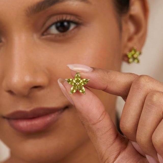 Contemporary 18k Gold Plated Peridot Flower Stud Earrings • Marquise Cut Natural Gemstone Floral Cluster - A Pair For Sale - Image 3 of 5