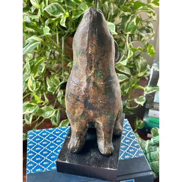 Mid 20th Century Mid-Century Japanese Cast Iron Rabbit Okimono Sculpture With Verdigris Patina on Display Base For Sale - Image 5 of 10