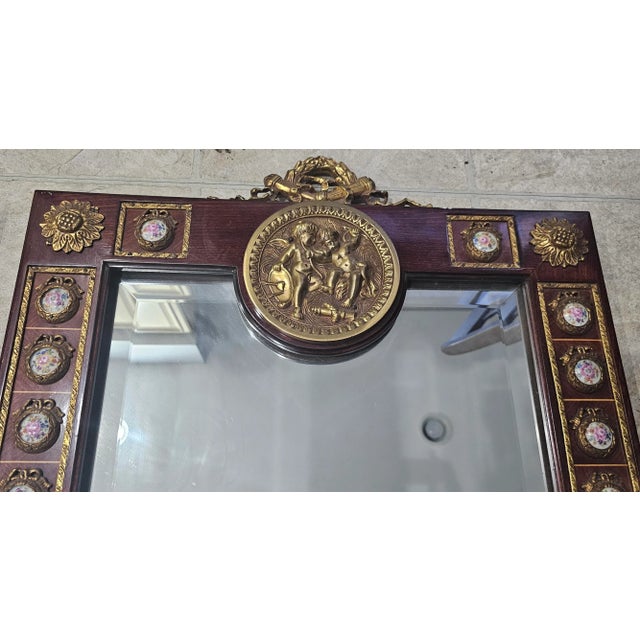 20th Century Mariner Louis XV Marquetry Ormolu & Porcelain Inset Mirrors, a Pair For Sale - Image 10 of 12