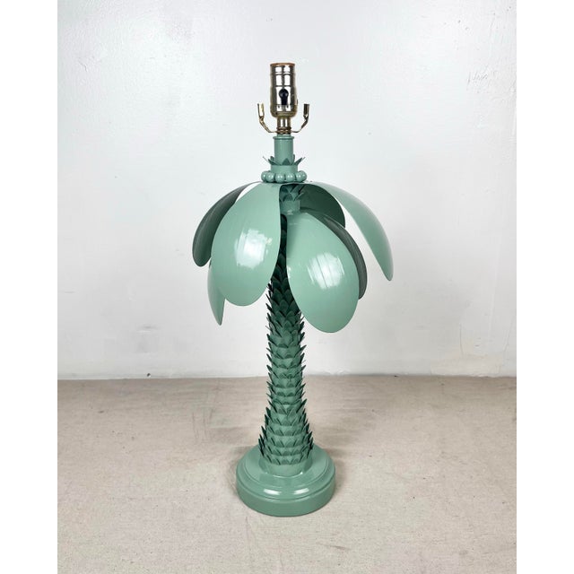 Vintage metal palm tree lamp. Newly lacquered in Benjamin Moore high gloss "Winchester Sage." Measures 24.5" T x 6" W at...