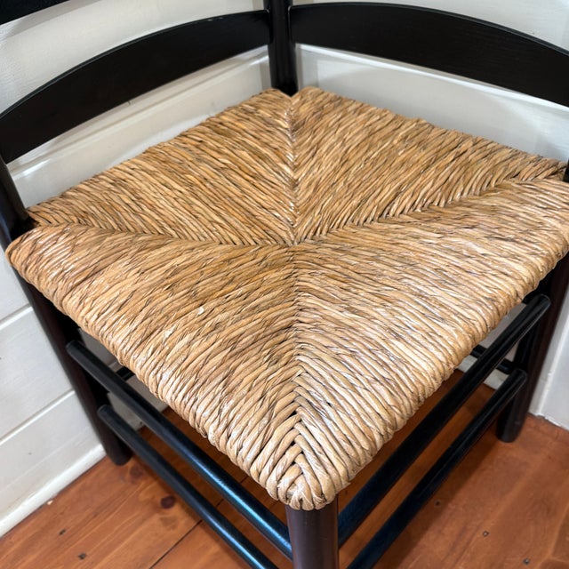 Vintage Mid-Century Ebonized Ladder-Back Corner Chair With Woven Rush Seat For Sale In Milwaukee - Image 6 of 8
