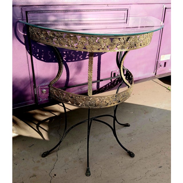 1970s Maison Jansen Style French Neoclassical Brass & Wrought Iron Console With Cloven Hoof Feet For Sale - Image 5 of 13