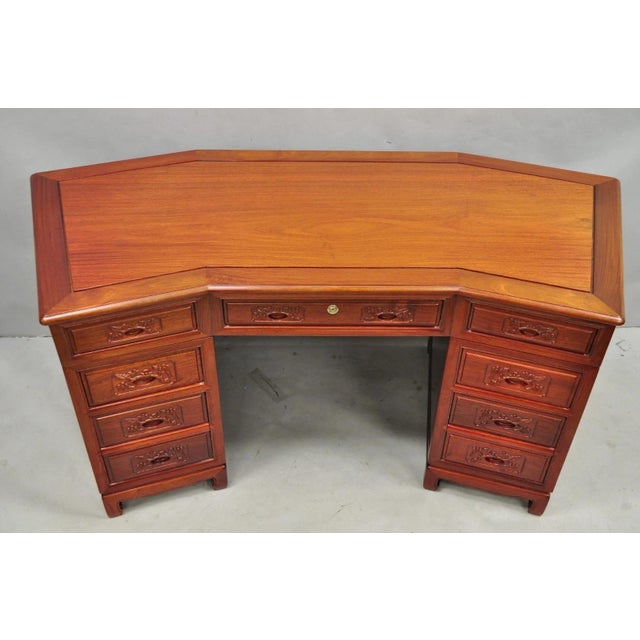 Late 20th Century Vintage Chinese Bird Carved Hardwood Kneehole Writing Desk With Decorated Back For Sale - Image 5 of 18