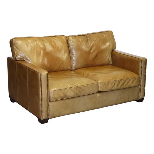 Halo Two Seater Viscount Tan Leather Sofa by Timothy Oulton For Sale