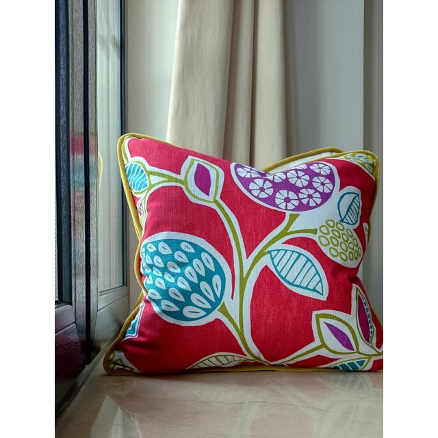 Mid-Century Modern Vibrant Cottagecore Charm: Hana Chess in Ruby + Romo Miro in Beijing Blue + Down-Feather Filled Pillows = a Set of 4 For Sale - Image 3 of 17