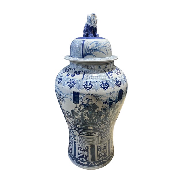 Chinoiserie Mansion Size Chinoiserie B & W Porcelain Ginger Jar W/Figures 47" H For Sale - Image 3 of 7