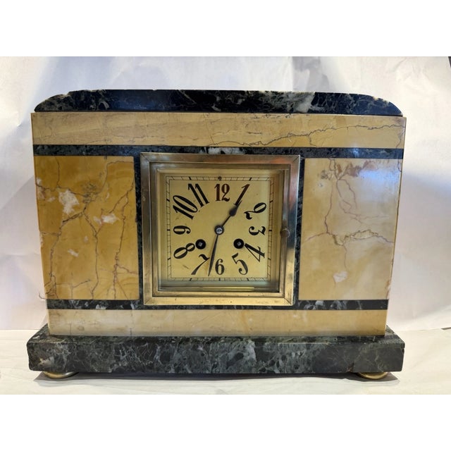 1920s Antique French Art Deco Marble Stone Mantel Clock For Sale - Image 5 of 16