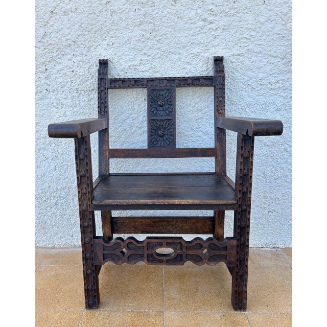 Wood Set of 19th Century Spanish Colonial Carved Altar Armchairs with Wooden Seats For Sale - Image 7 of 18