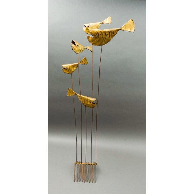 Metal DeGroot Brutalist Mid-Century Modern Mixed Metal Brass Copper Iron Kinetic 5 Fish Sculpture For Sale - Image 7 of 7