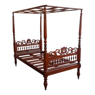 Early 20th Century Antique Hand Carved Teak Wood Canopy Poster Bed For Sale